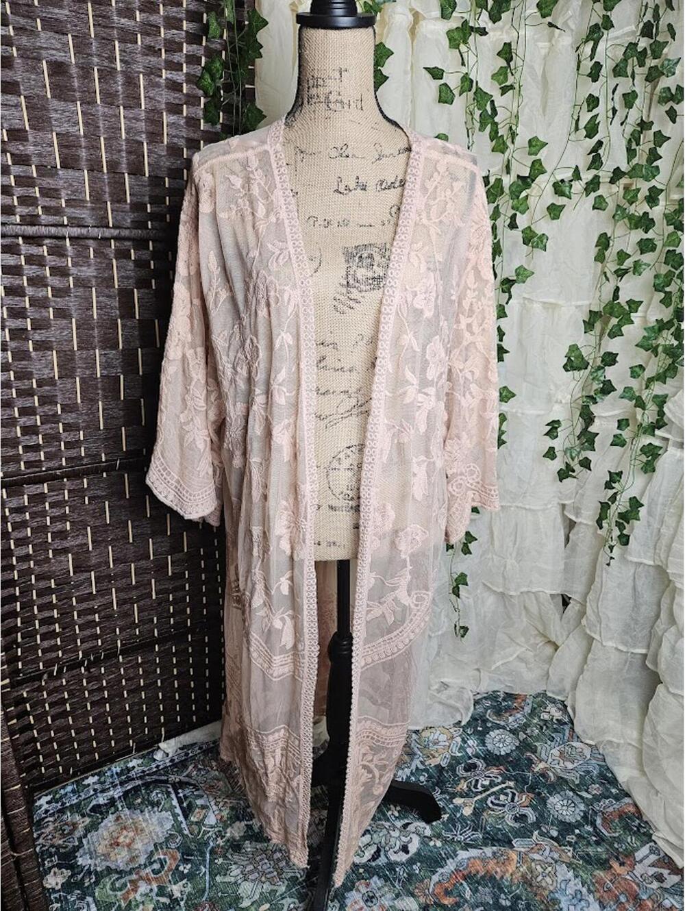 Blush Lace Kimono Duster Floral Embroidered Sheer Boho Layering Piece
